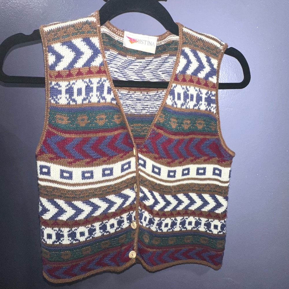 Vintage Cristina Multi Color Geometric Knit Button Front Sweater Vest Small